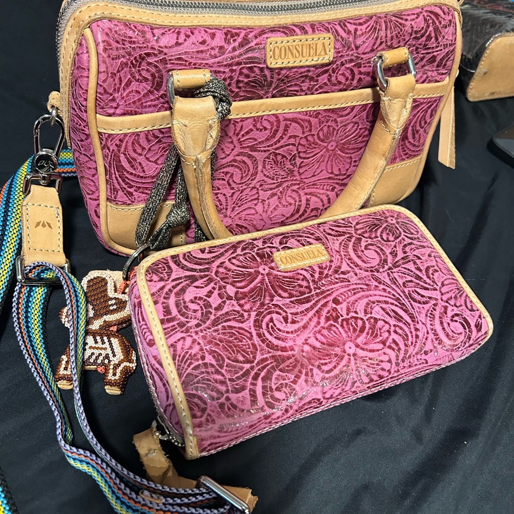 Consuela Pink Luncheon Satchel with Floral Embossed Design